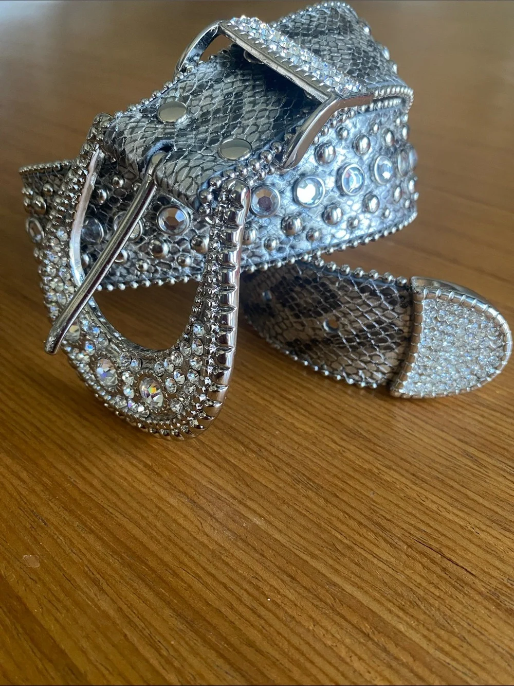 Vintage Chicos Rhinestone & Stud Metallic Snake Skin Western Belt Silver M